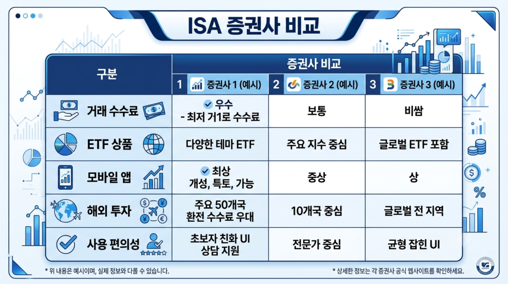 ISA 증권사 비교 기준을 표로 정리한 인포그래픽