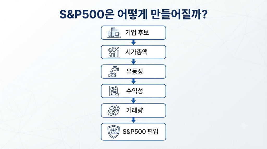 S&P500이 시가총액, 유동성, 수익성 등 여러 기준을 거쳐 대표 기업을 선정하는 과정을 설명하는 인포그래픽