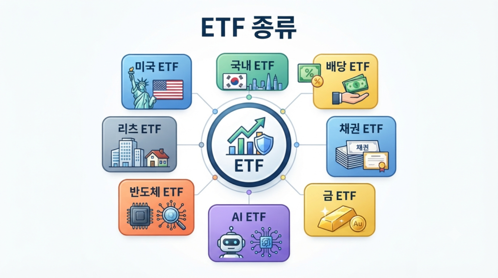 대표적인 ETF 종류를 설명하는 인포그래픽