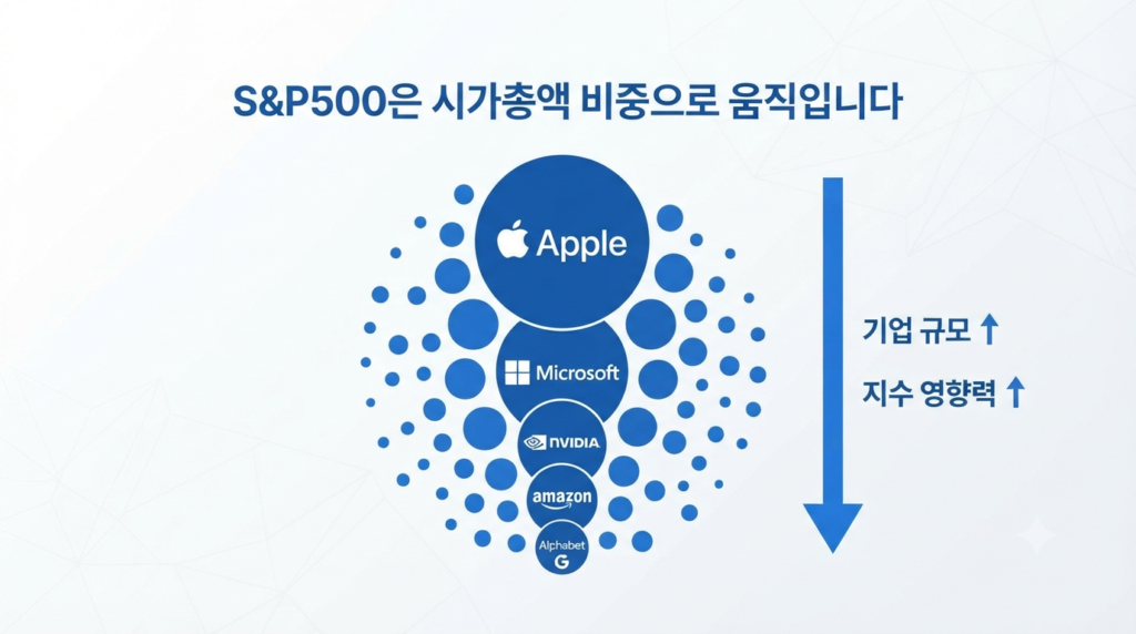 S&P500이 시가총액 비중 방식으로 구성되어 대형 기업의 영향력이 더 큰 구조를 설명하는 인포그래픽