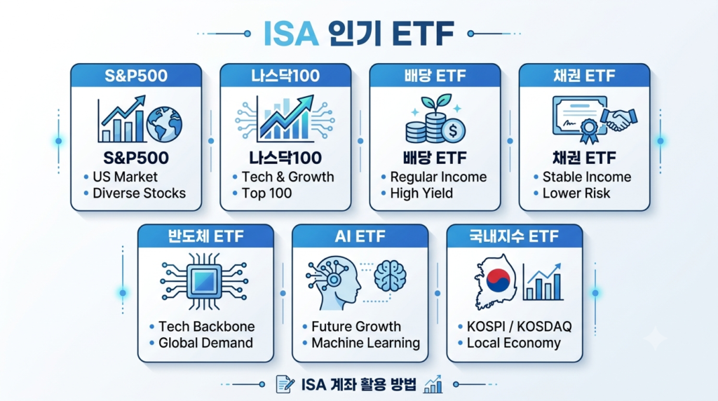 ISA에서 많이 투자하는 ETF 종류를 설명하는 인포그래픽