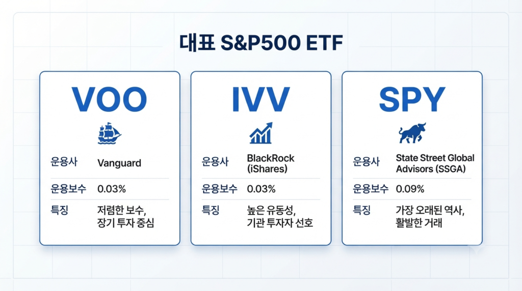 VOO, IVV, SPY 등 대표적인 S&P500 ETF의 특징과 차이를 비교한 인포그래픽