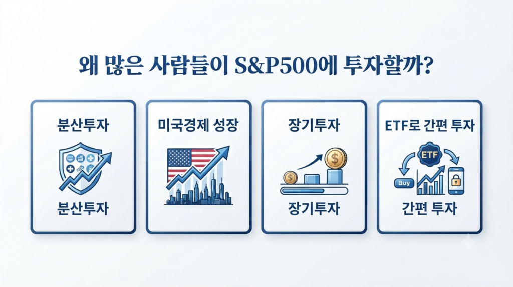 많은 투자자들이 S&P500에 투자하는 이유인 분산투자, 미국 경제 성장, 장기투자, ETF 활용을 설명하는 인포그래픽
