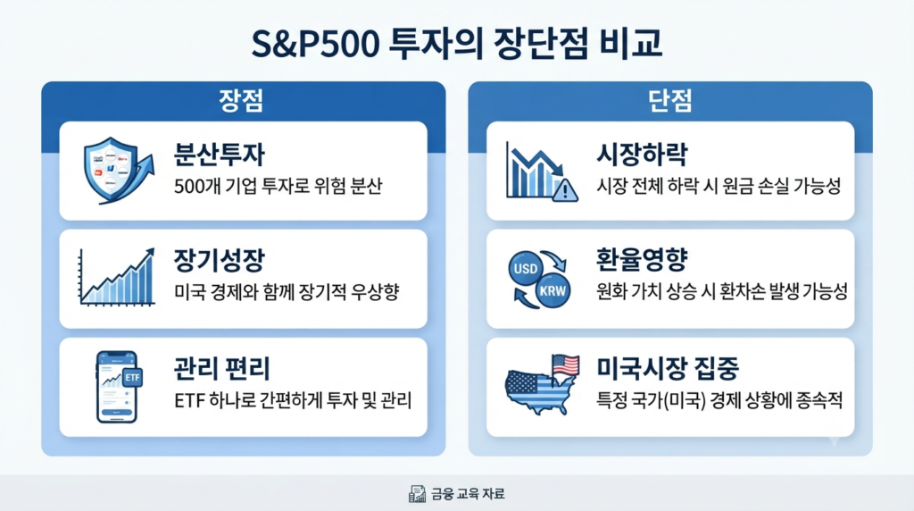 S&P500 투자의 장점과 단점을 한눈에 비교할 수 있도록 정리한 인포그래픽