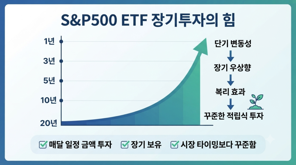 S&P500 ETF 장기 적립식 투자와 복리 효과를 설명하는 인포그래픽
