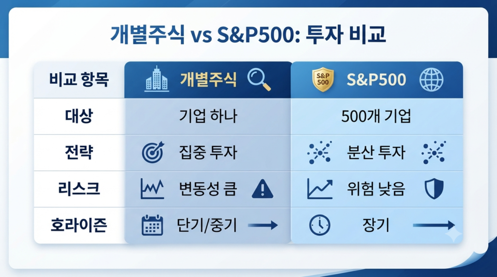 개별 주식 투자와 S&P500 투자의 차이점을 위험성과 분산투자 측면에서 비교한 인포그래픽