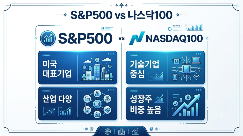 S&P500 ETF와 나스닥100 ETF를 비교한 인포그래픽