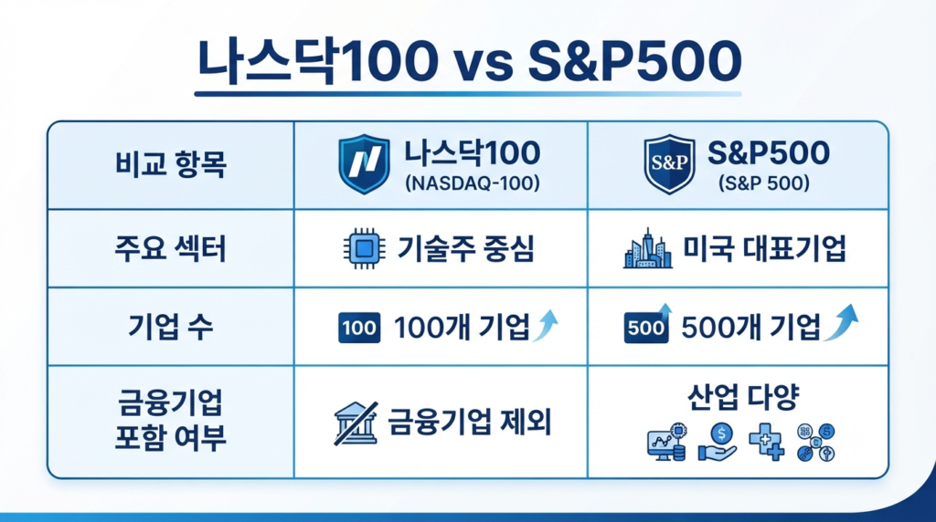 나스닥100과 S&P500의 차이점을 비교한 인포그래픽
