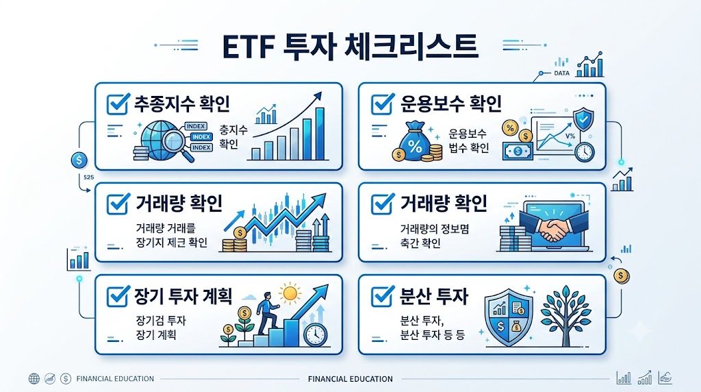 ETF 투자 전 확인해야 할 체크리스트를 설명하는 인포그래픽