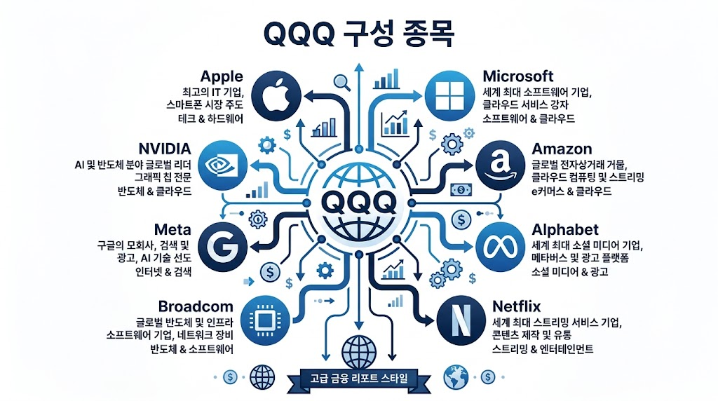 QQQ ETF의 대표 구성 종목을 설명하는 인포그래픽