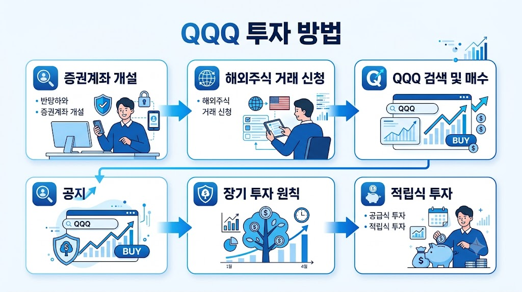 QQQ ETF 투자 방법을 설명하는 단계별 인포그래픽