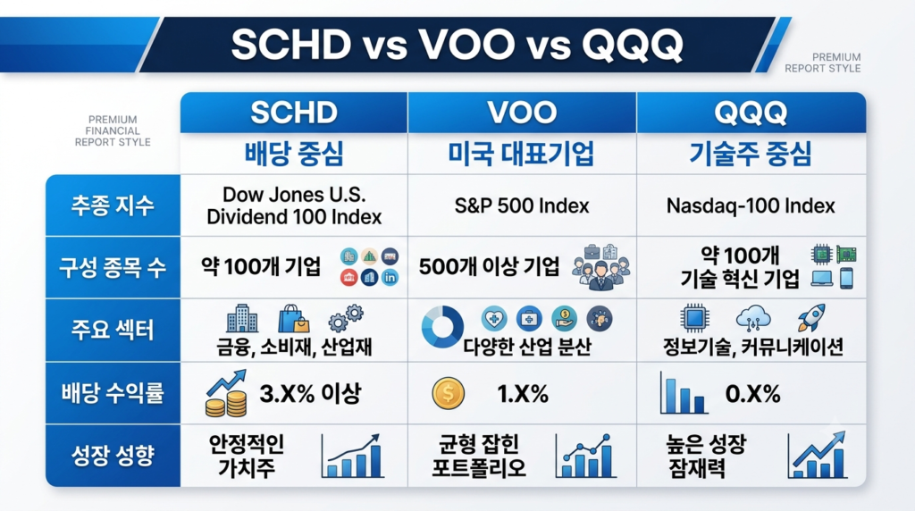 SCHD와 VOO, QQQ ETF를 비교한 인포그래픽