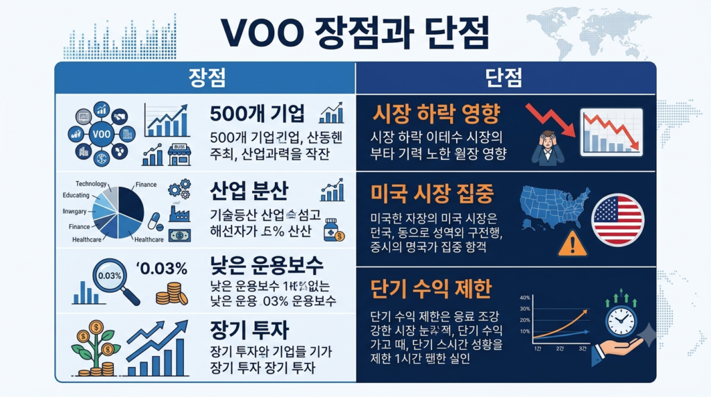 VOO ETF의 장점과 단점을 비교한 인포그래픽