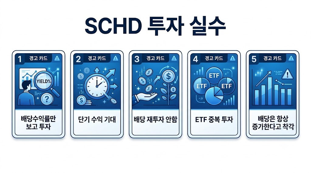 SCHD ETF 투자 시 자주 하는 실수를 설명하는 인포그래픽