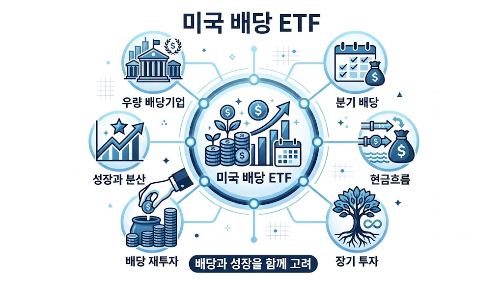 ISA에서 투자할 수 있는 미국 배당 ETF의 특징을 설명하는 인포그래픽